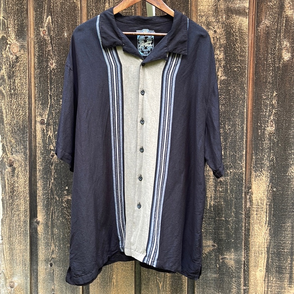 Mens Hawaiian Beach Shirt Paradise Collection Black Tan Blue Sz 2x 55% Linen